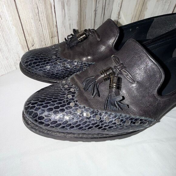 Stuart Weitzman Genuine Leather & Python Embossed Tassel Loafers | Navy Gray Sli - Picture 3 of 16